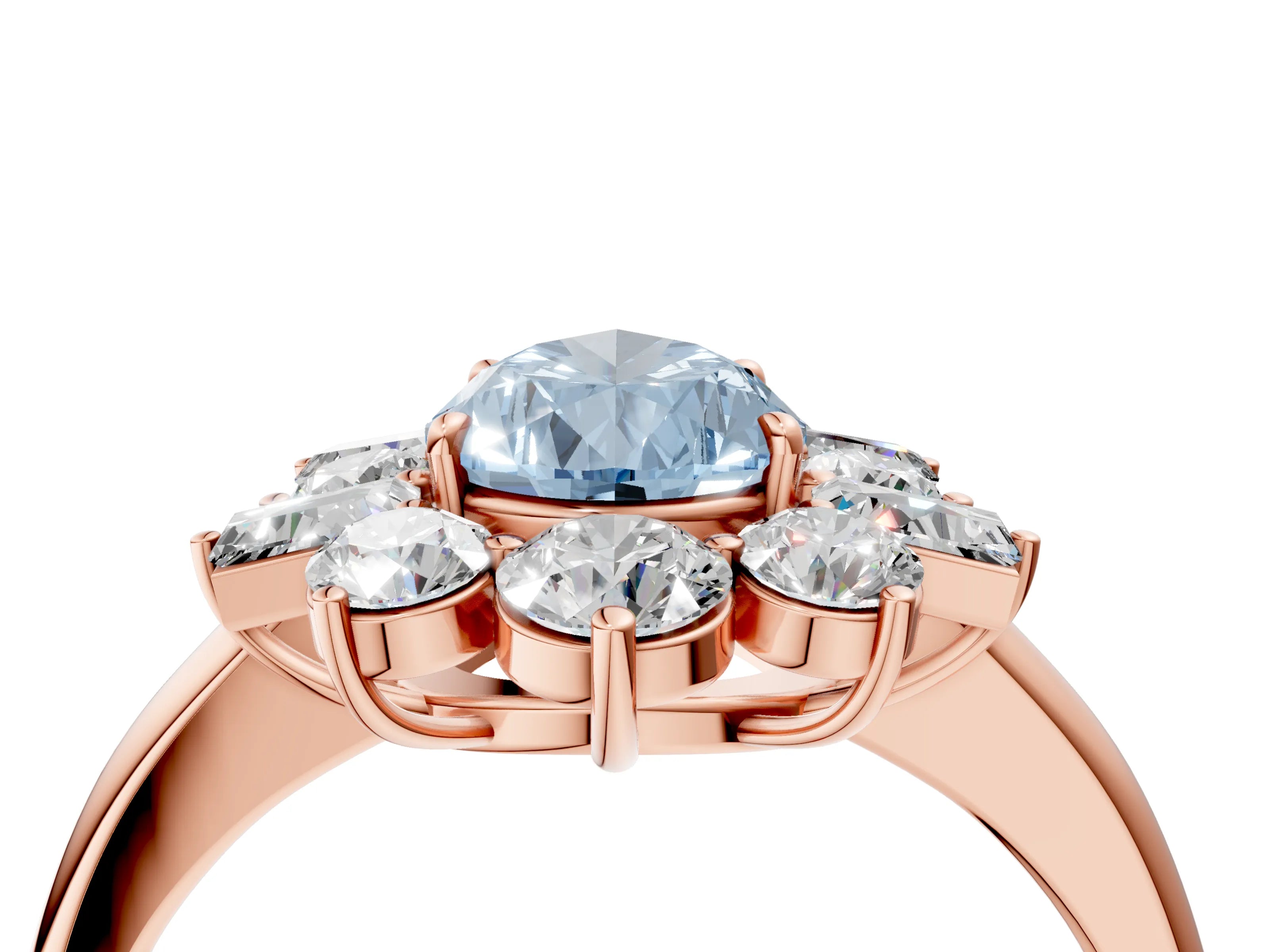Rose gold Fancy Blue Pear Cut Diamond Cluster Ring with Round and Baguette Stones, Split Shank Band, Prong Setting_4