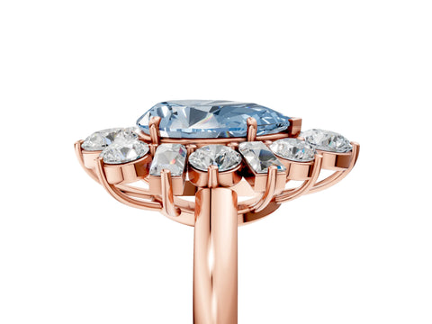 Rose gold Fancy Blue Pear Cut Diamond Cluster Ring with Round and Baguette Stones, Split Shank Band, Prong Setting_5