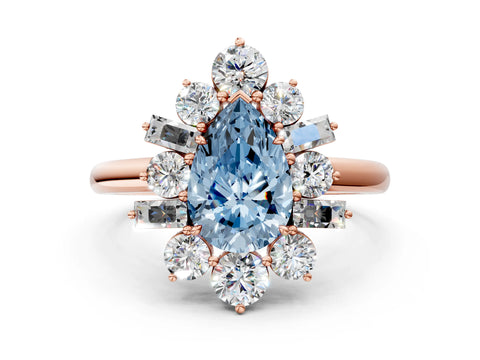 Rose gold Fancy Blue Pear Cut Diamond Cluster Ring with Round and Baguette Stones, Split Shank Band, Prong Setting