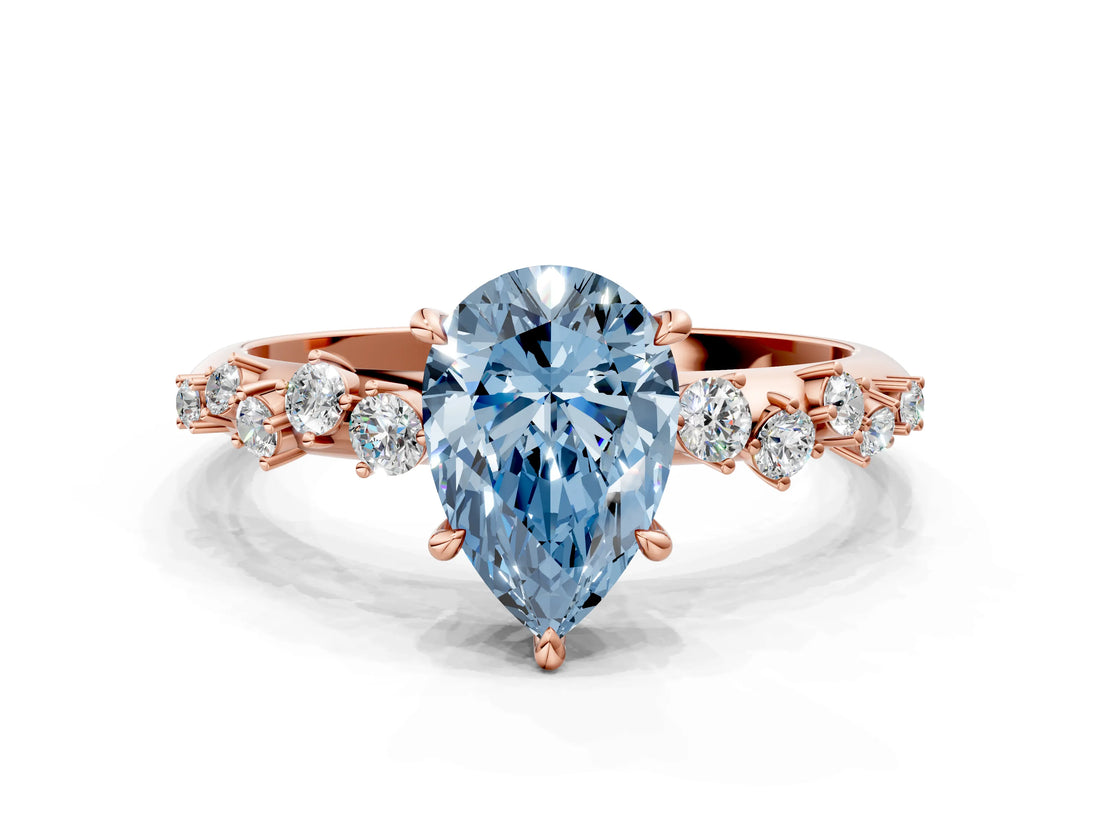 Rose gold Fancy Blue Pear Cut Diamond Cluster Side Stone Solitaire Ring with Prong Setting_70