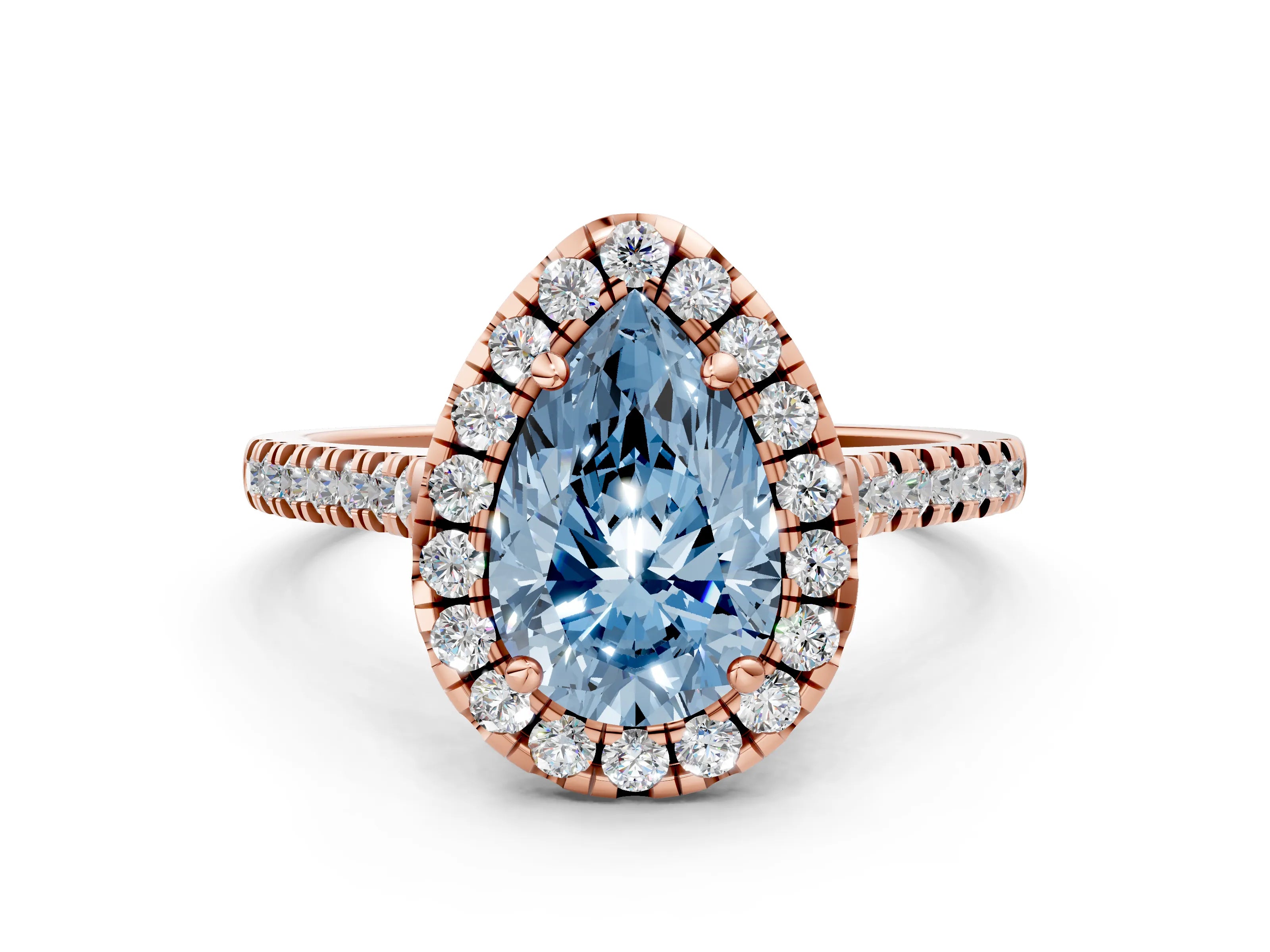 Rose gold Fancy Blue Pear Cut Diamond Cushion Halo Ring with Pavé Band