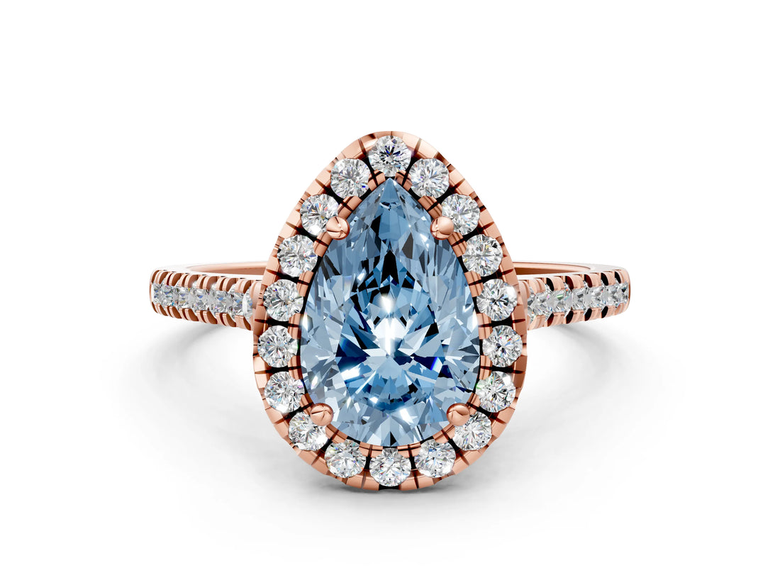 Rose gold Fancy Blue Pear Cut Diamond Cushion Halo Ring with Pavé Band