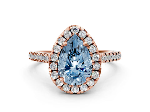 Rose gold Fancy Blue Pear Cut Diamond Cushion Halo Ring with Pavé Band