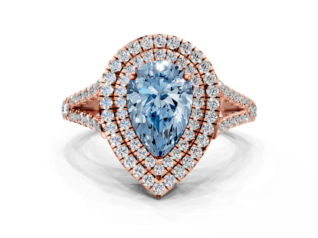 Rose gold Fancy Blue Pear Cut Diamond Double Halo Ring with Pavé Band and Prong Setting_93