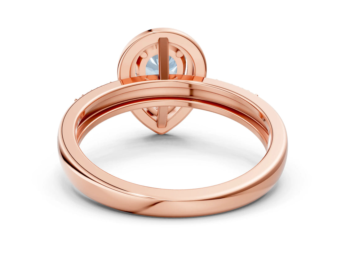 Rose gold Fancy Blue Pear Cut Diamond Double Halo Ring with Split Shank and Four-Prong Setting