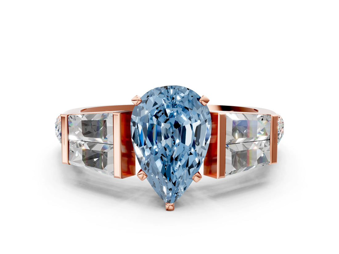 Rose gold Fancy Blue Pear Cut Diamond Engagement Ring with Baguette Side Stones and Channel Set Band_20