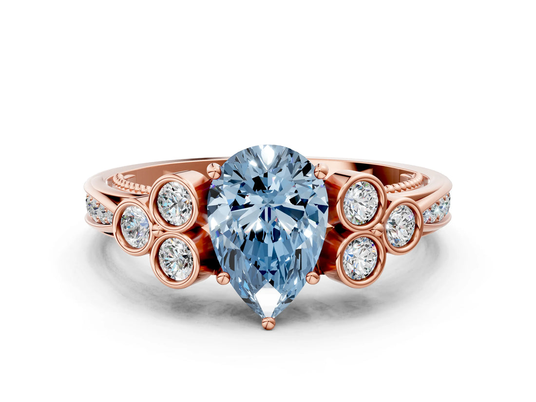 Rose gold Fancy Blue Pear  Cut Diamond Engagement Ring with Bezel Set Round Side Stones and Prong Setting_51