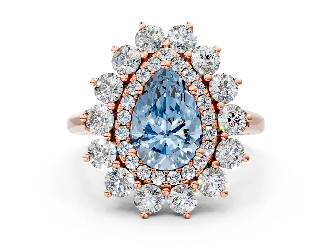 Rose gold Fancy Blue Pear Cut Diamond Floral Double Halo Engagement Ring with Prong Setting_24