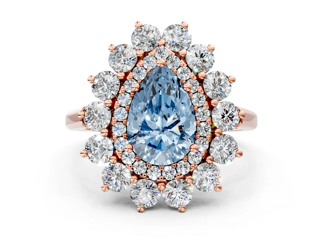 Rose gold Fancy Blue Pear Cut Diamond Floral Double Halo Engagement Ring with Prong Setting_60