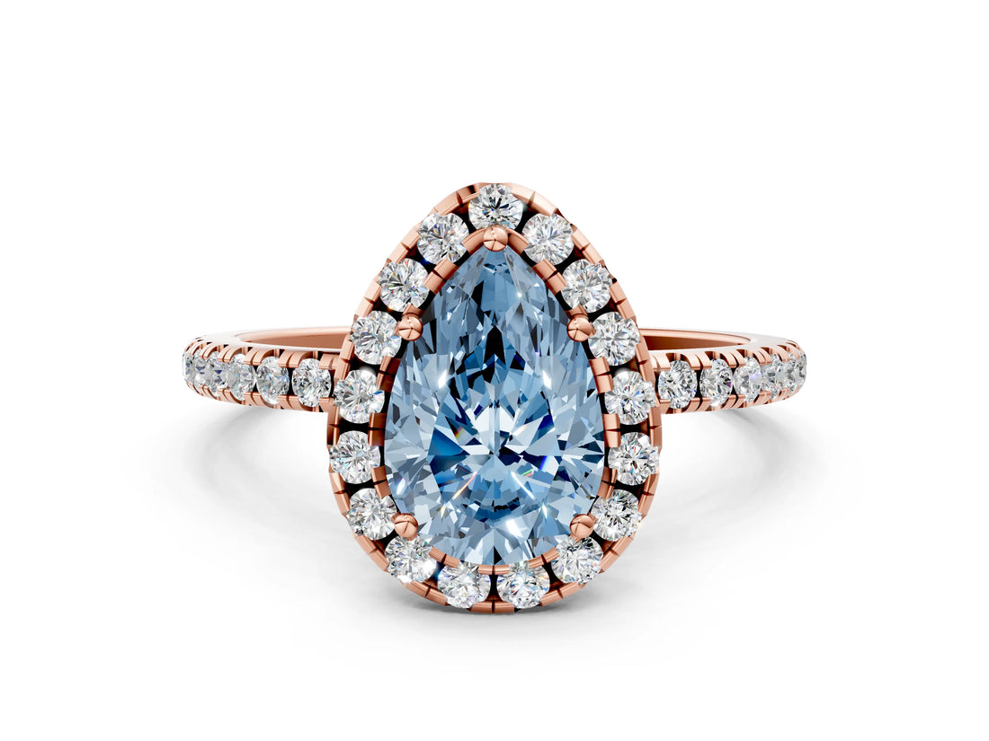 Rose gold Fancy Blue Pear  Cut Diamond Floral Halo Engagement Ring with Pavé Band and Prong Setting_36