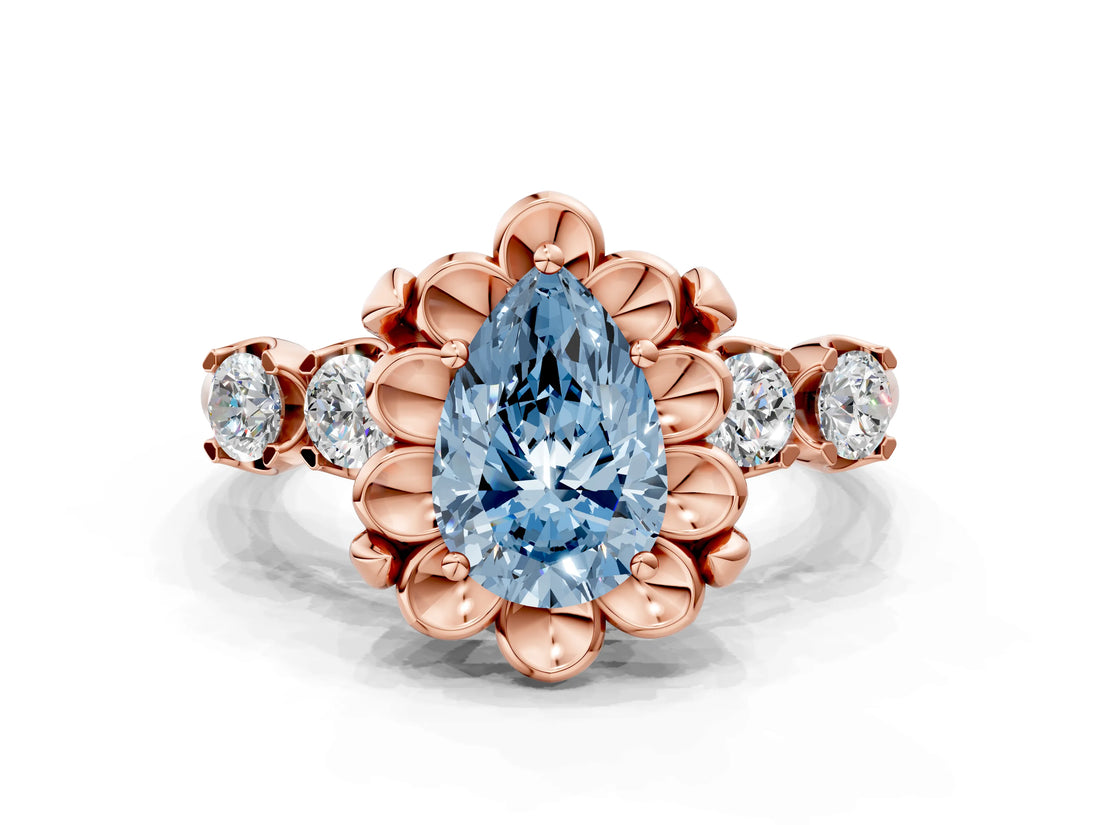 Rose gold Fancy Blue Pear  Cut Diamond Floral Halo Engagement Ring with Shared Prong Setting