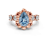 Rose gold Fancy Blue Pear  Cut Diamond Floral Halo Engagement Ring with Shared Prong Setting