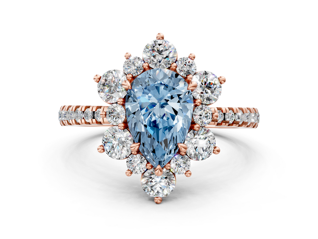 Rose gold Fancy Blue Pear  Cut Diamond Floral Halo Pave Band with Prong Setting_36
