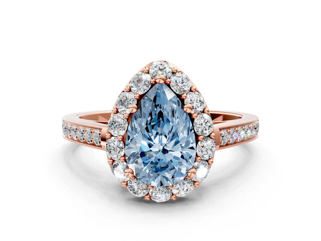 Rose gold Fancy Blue Pear Cut Diamond Floral Halo Ring with Pavé Band and Prong Setting_3
