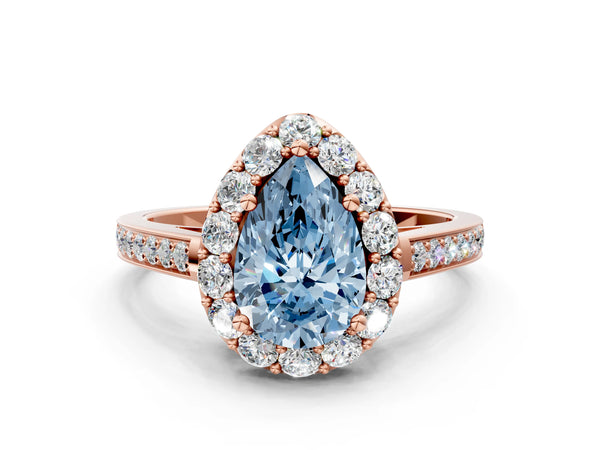 Rose gold Fancy Blue Pear Cut Diamond Floral Halo Ring with Pavé Band and Prong Setting