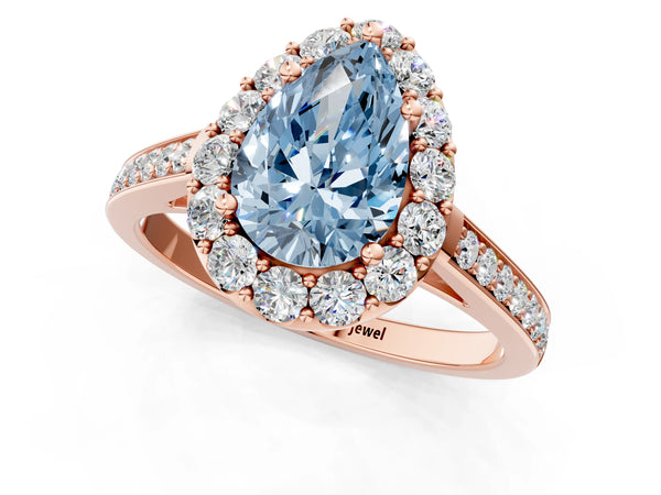 Rose gold Fancy Blue Pear Cut Diamond Floral Halo Ring with Pavé Band and Prong Setting