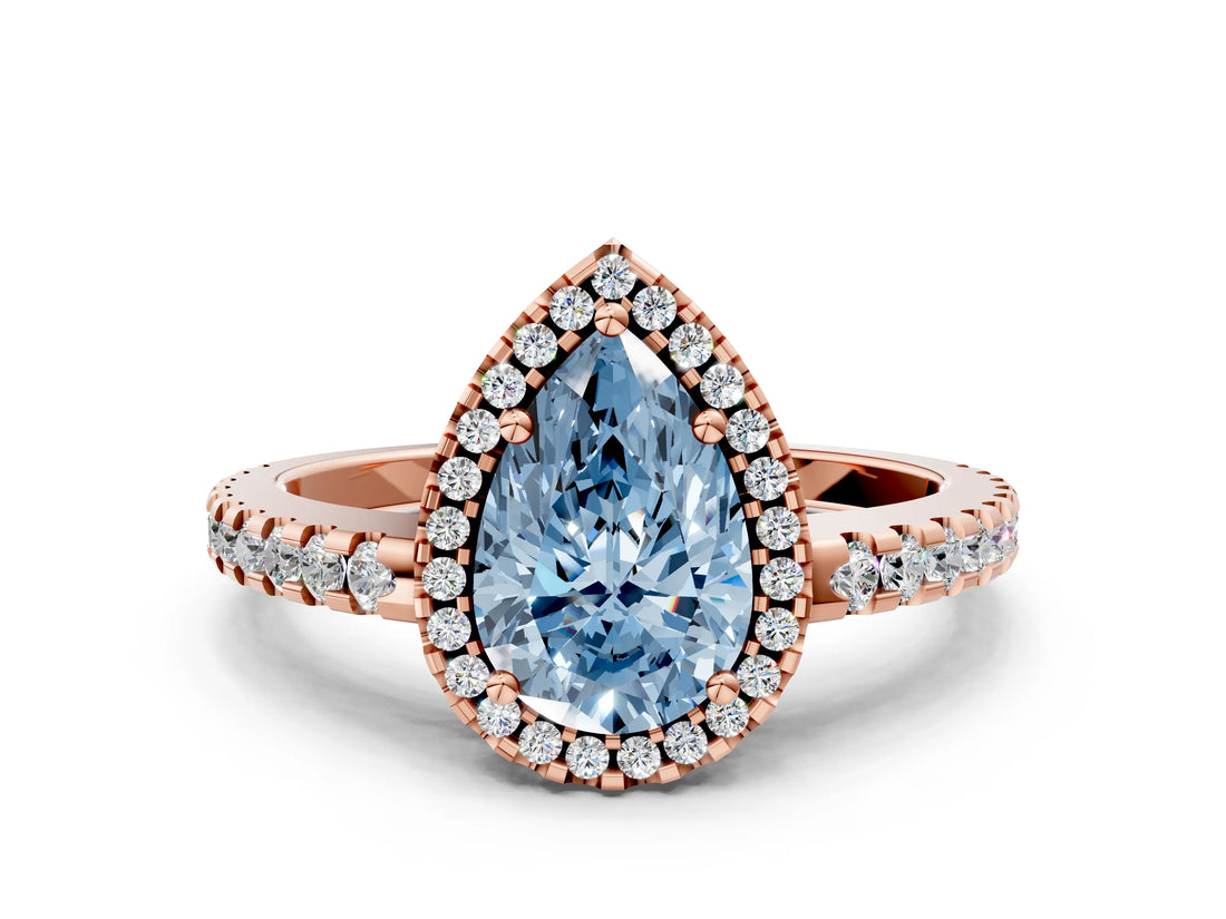 Rose gold Fancy Blue Pear Cut Diamond Halo Engagement Ring with Pavé Band and Prong Setting_27