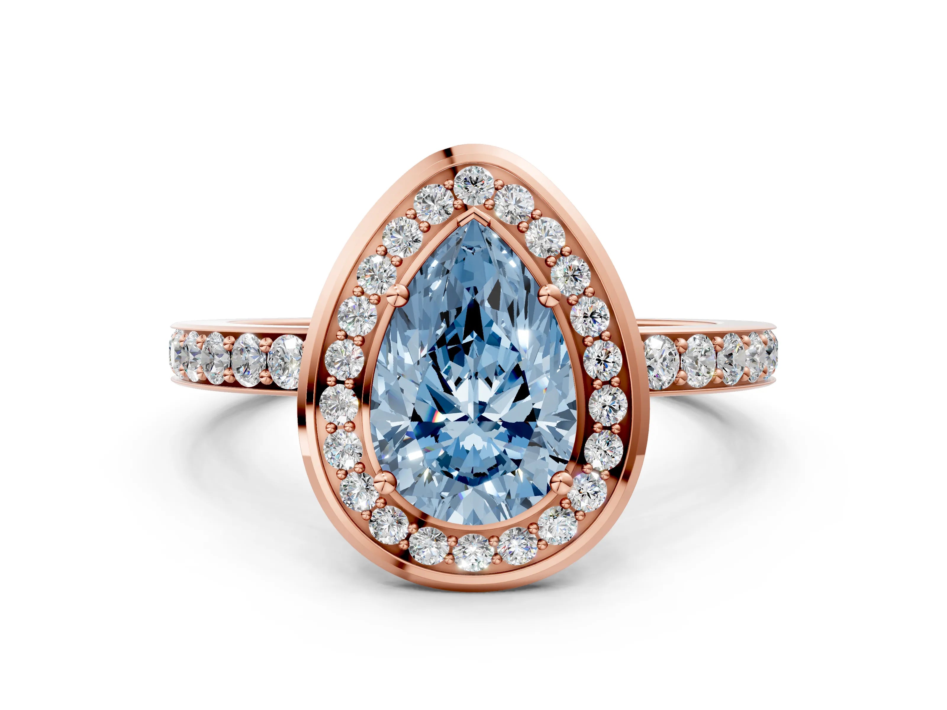 Rose gold Fancy Blue Pear Cut Diamond Halo Ring with Bezel Frame and Pavé Band