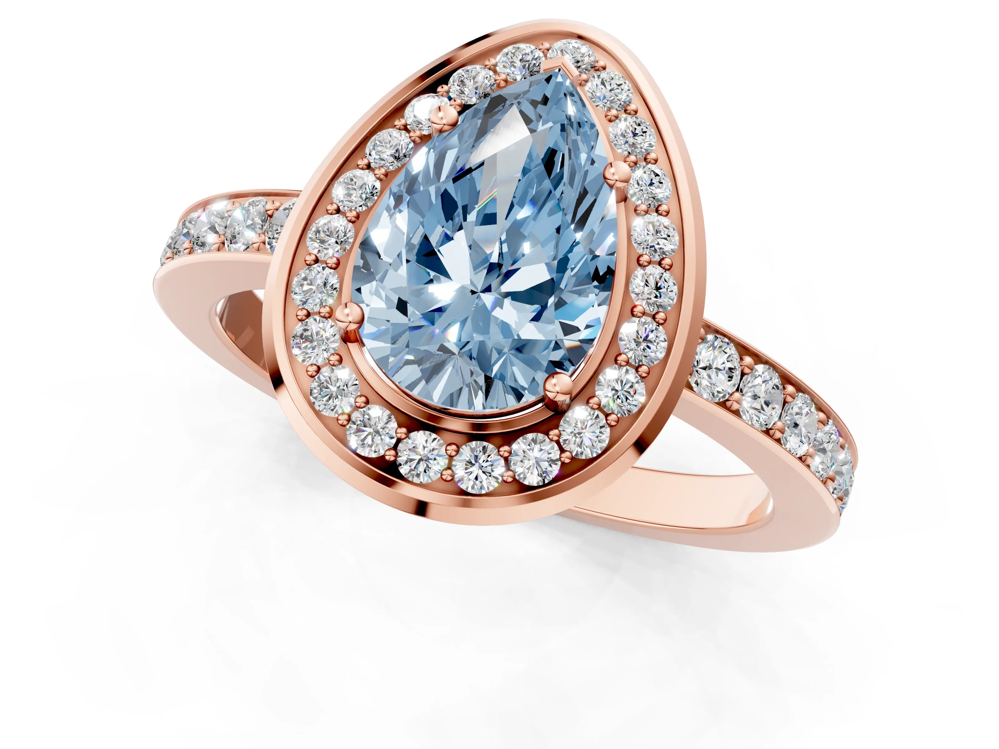 Rose gold Fancy Blue Pear Cut Diamond Halo Ring with Bezel Frame and Pavé Band_1