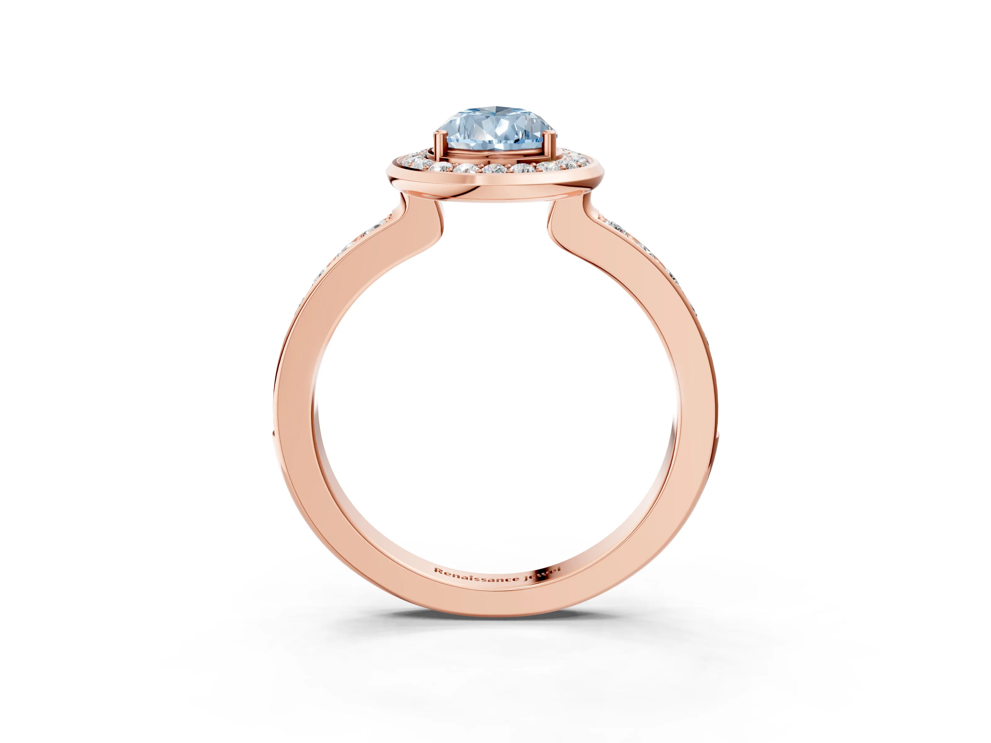 Rose gold Fancy Blue Pear Cut Diamond Halo Ring with Bezel Frame and Pavé Band_3