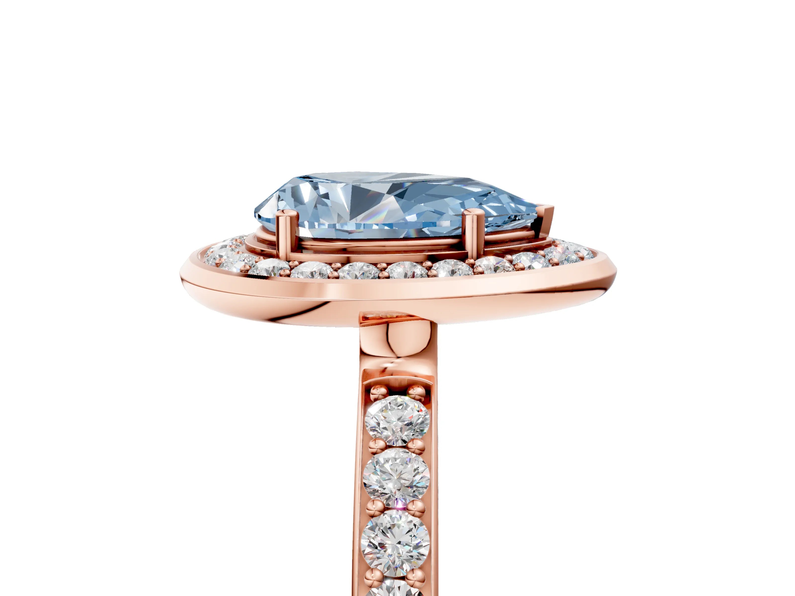 Rose gold Fancy Blue Pear Cut Diamond Halo Ring with Bezel Frame and Pavé Band_5