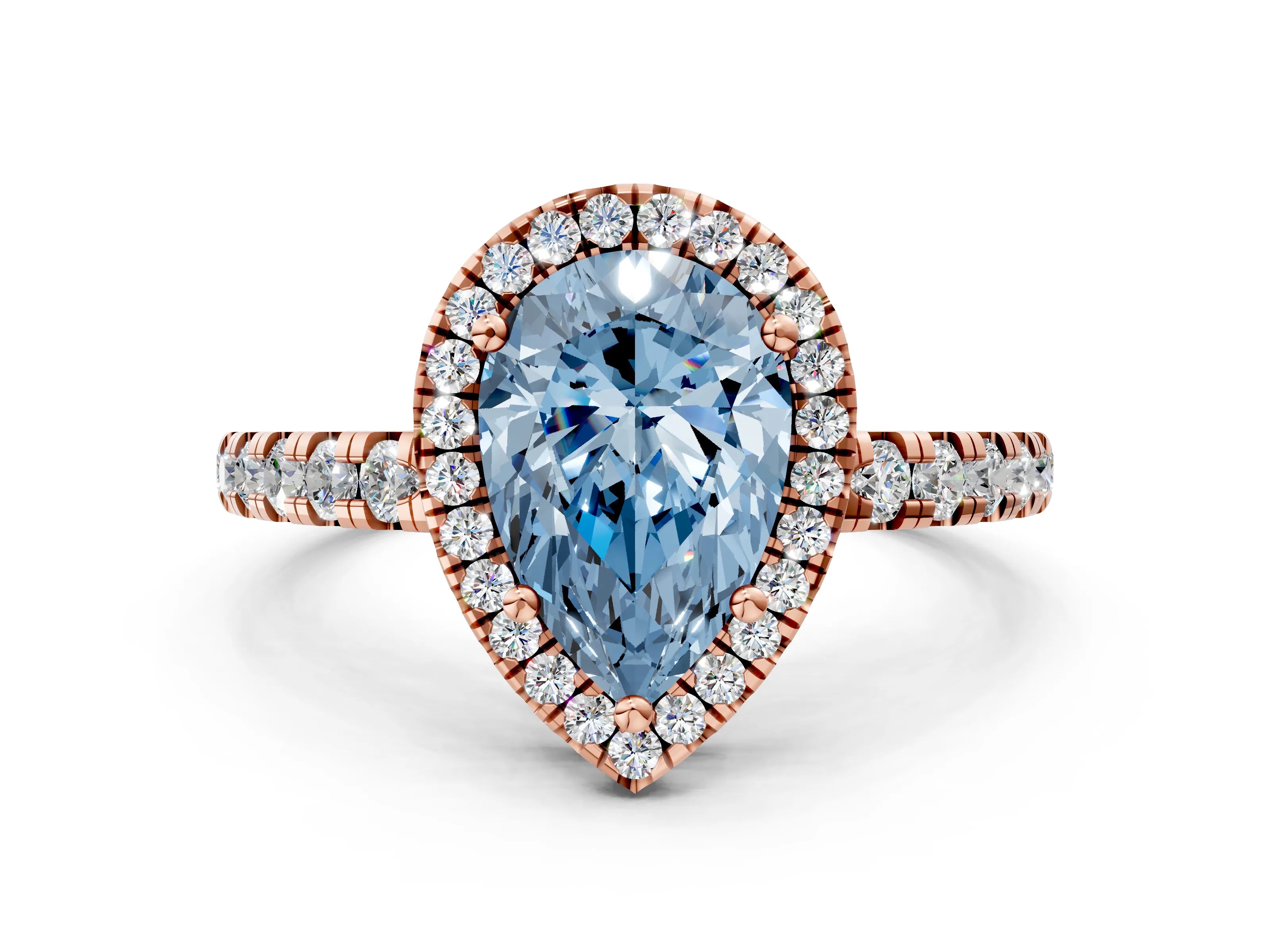 Rose gold Fancy Blue Pear Cut Diamond Halo Ring with Pavé Band and Four-Prong Setting