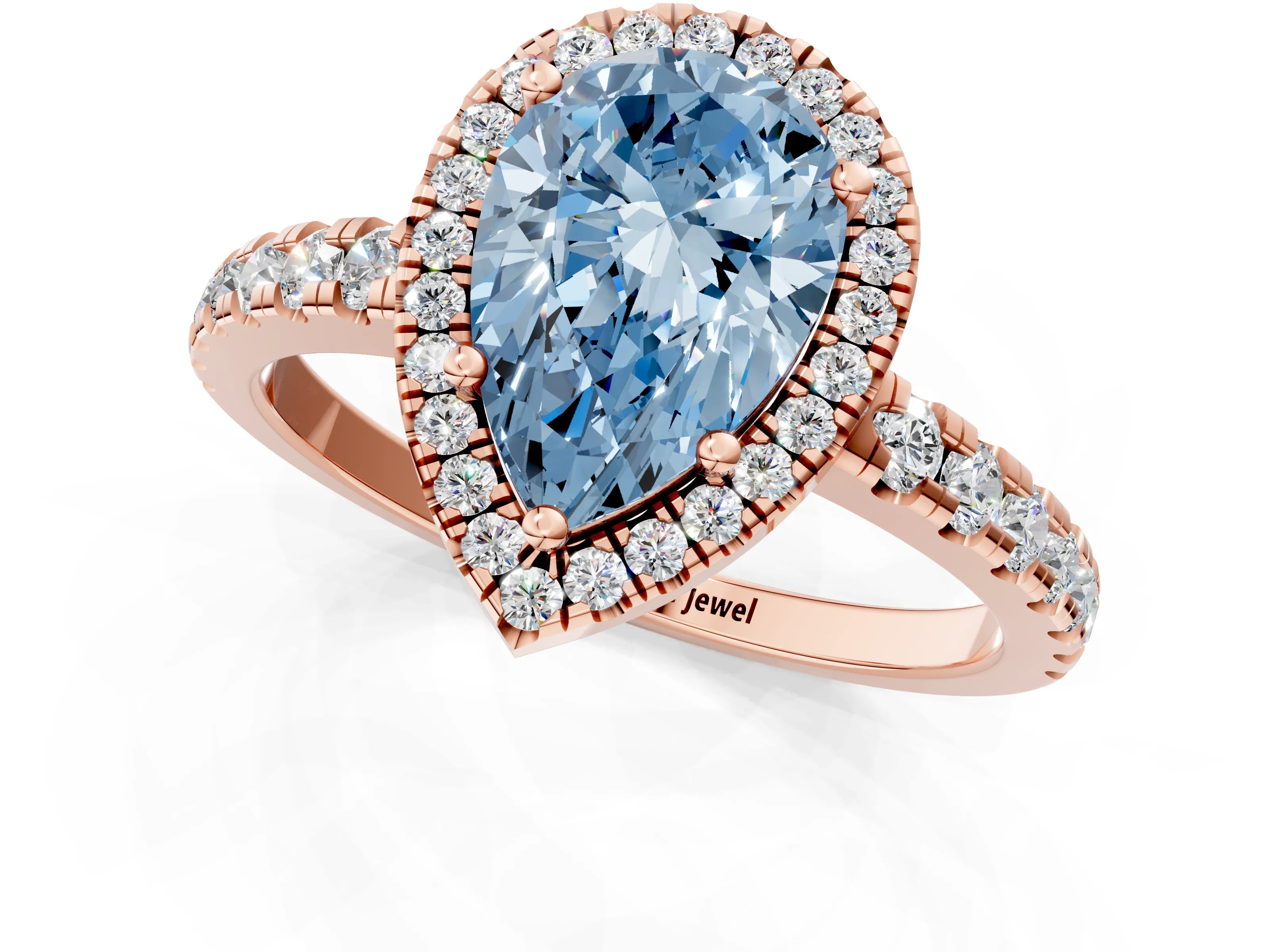 Rose gold Fancy Blue Pear Cut Diamond Halo Ring with Pavé Band and Four-Prong Setting_1