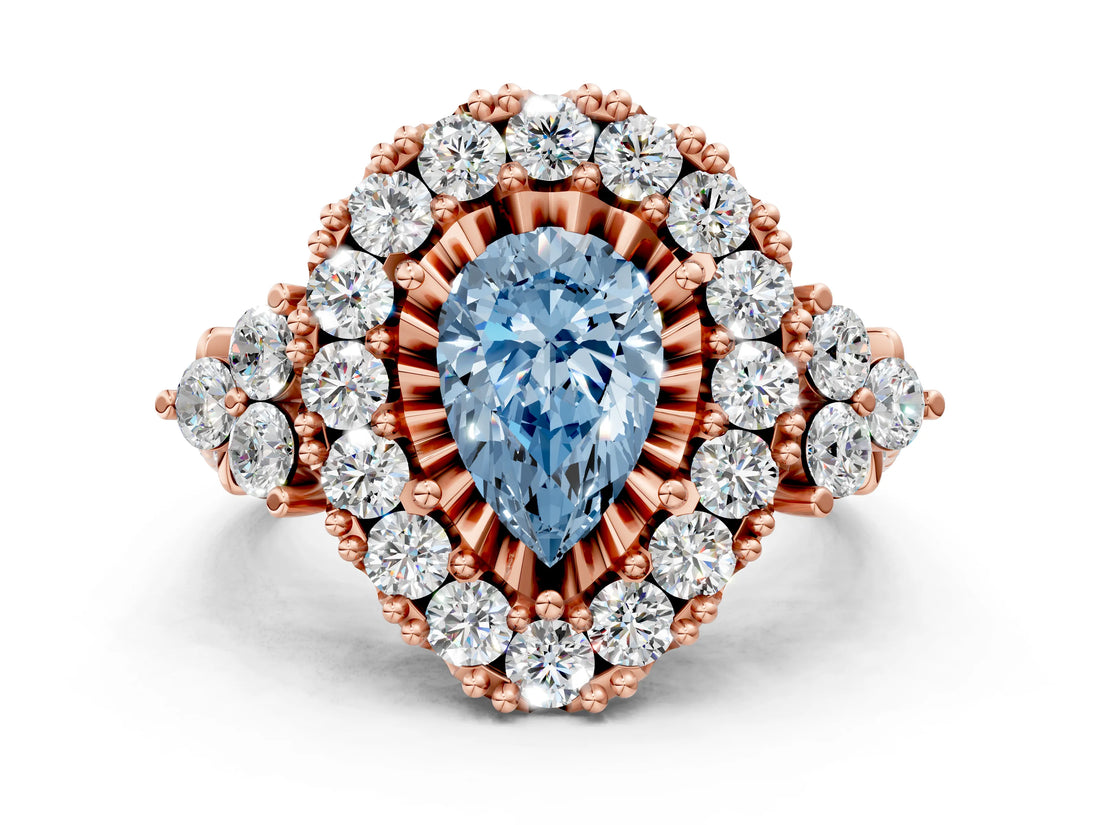 Rose gold Fancy Blue Pear Cut Diamond Halo Ring with Pavé Band and Four-Prong Setting_48