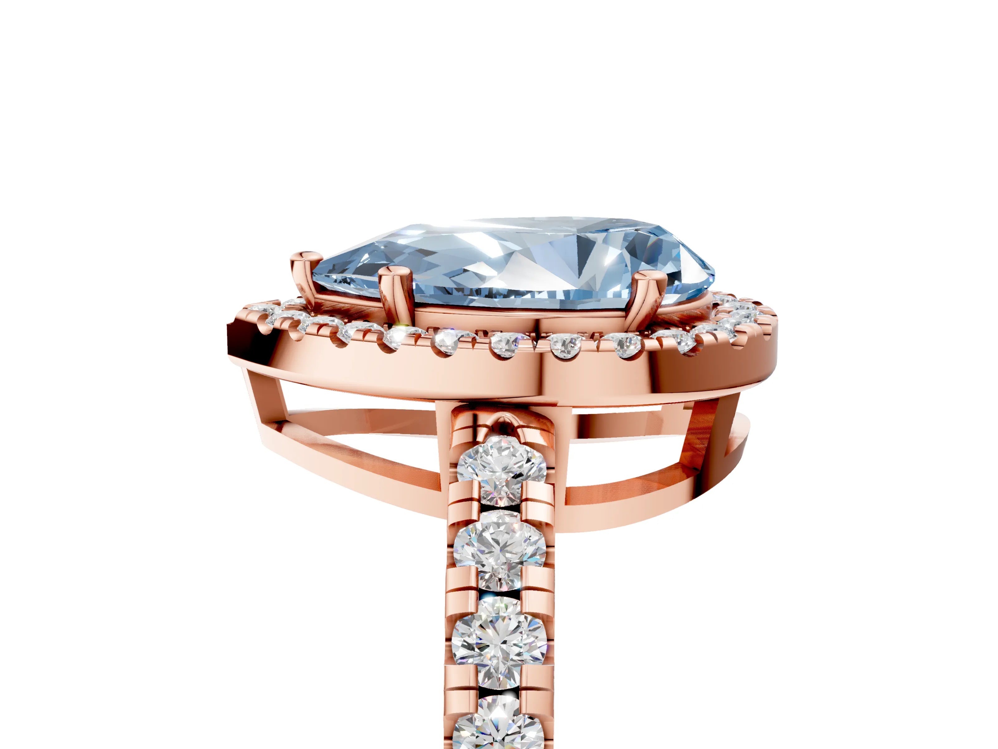 Rose gold Fancy Blue Pear Cut Diamond Halo Ring with Pavé Band and Four-Prong Setting_5