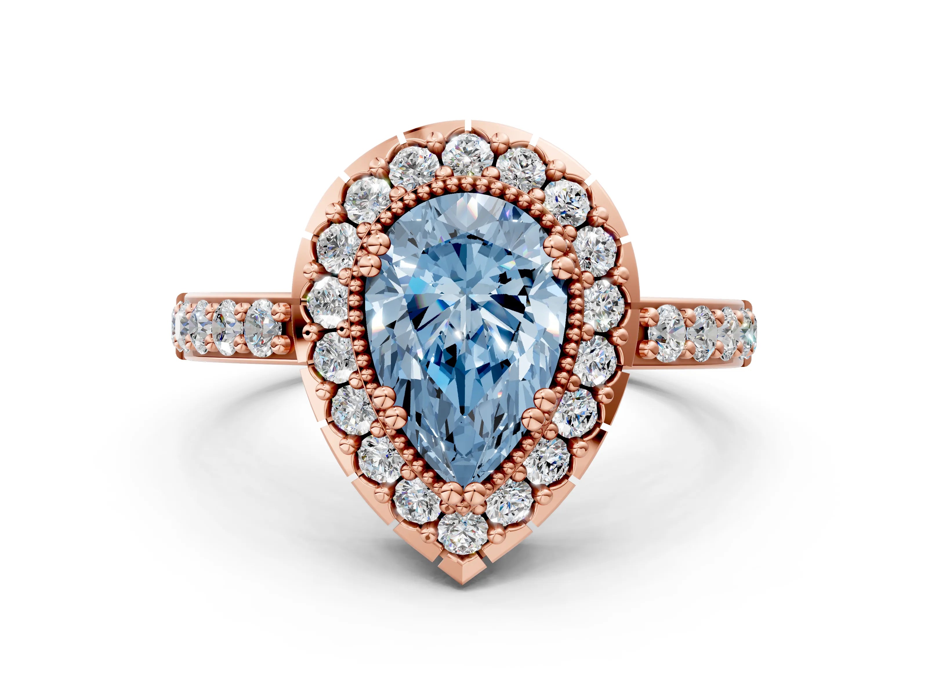 Rose gold Fancy Blue Pear Cut Diamond Halo Ring with Pavé Band and Prong Setting
