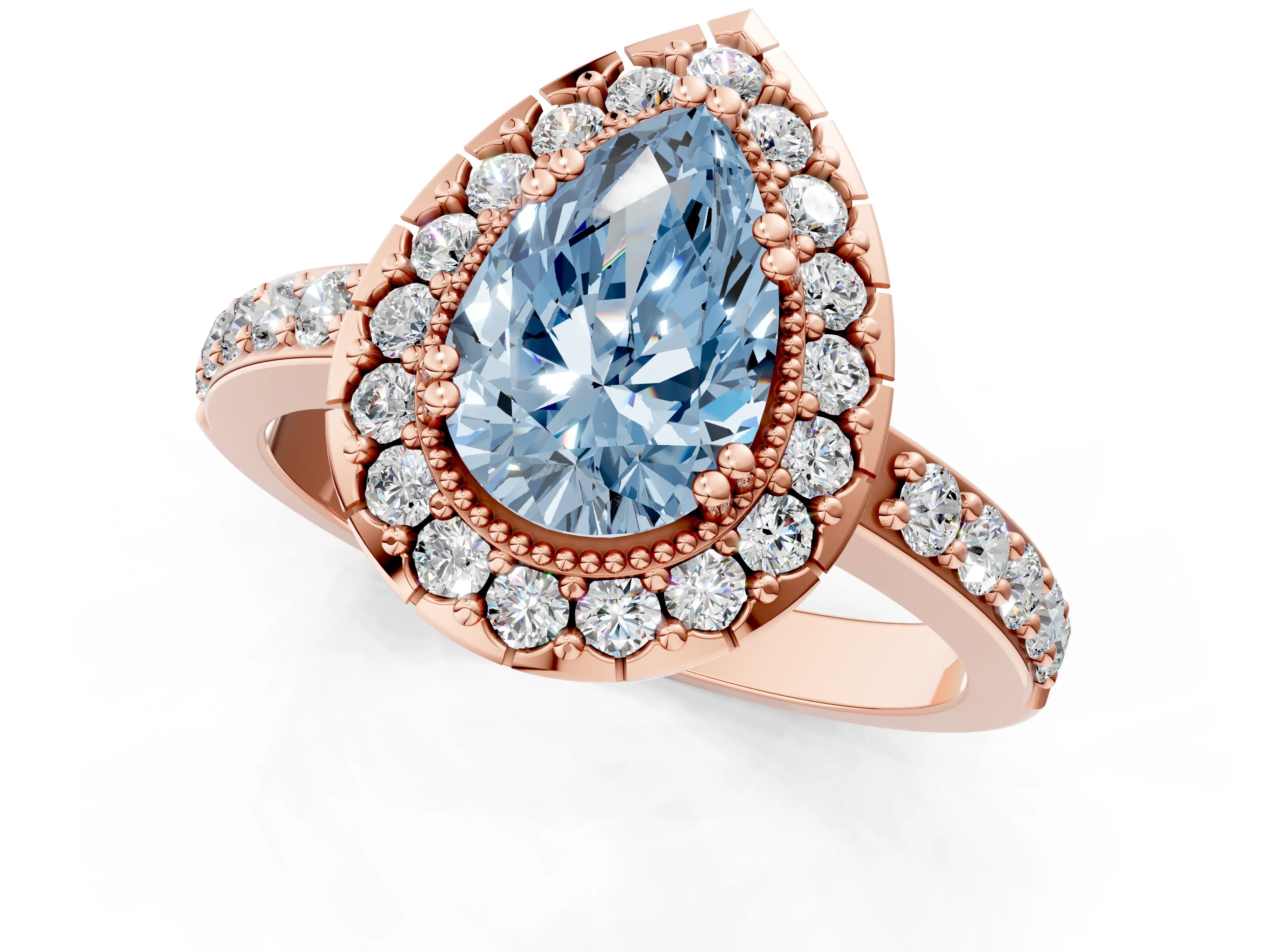 Rose gold Fancy Blue Pear Cut Diamond Halo Ring with Pavé Band and Prong Setting_1