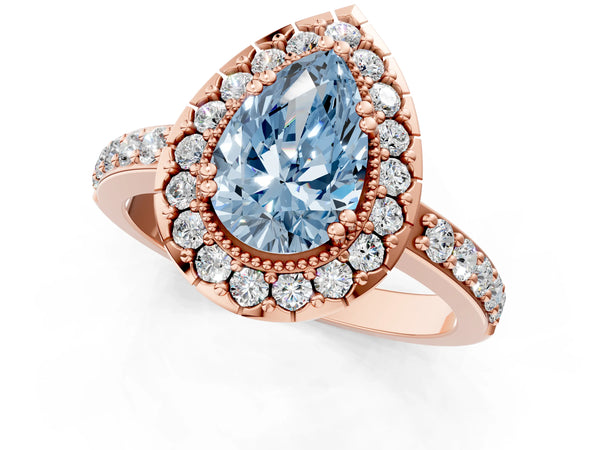Rose gold Fancy Blue Pear Cut Diamond Halo Ring with Pavé Band and Prong Setting