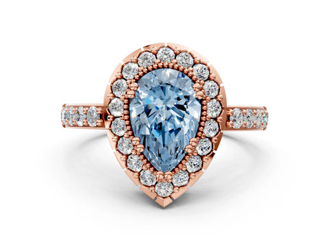 Rose gold Fancy Blue Pear Cut Diamond Halo Ring with Pavé Band and Prong Setting