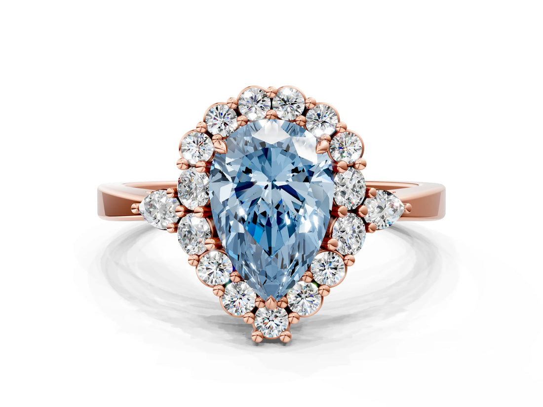 Rose gold Fancy Blue Pear Cut Diamond Halo Ring with Pear Side Stones and Prong Setting_51
