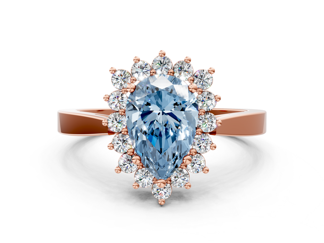 Rose gold Fancy Blue Pear  Cut Diamond Halo Ring with Round Brilliant Halo and Solitaire Band_102