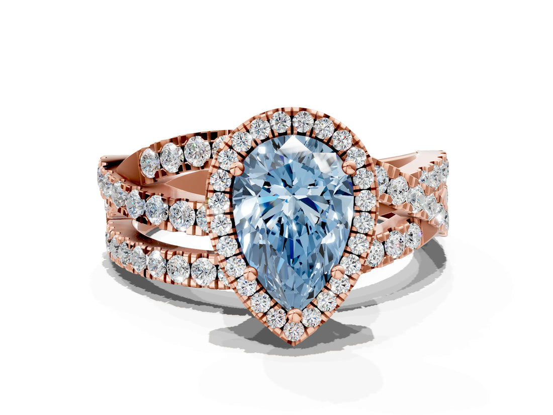 Rose gold Fancy Blue Pear Cut Diamond Halo Ring with Round Split Shank and Prong Setting_36