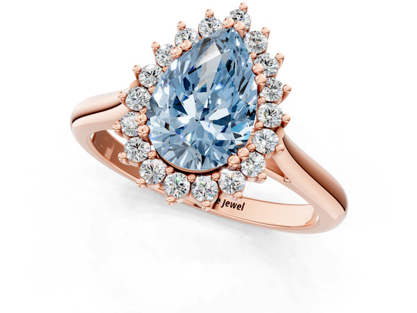Rose gold Fancy Blue Pear  Cut Diamond Halo Ring with Solitaire Band and Prong Setting