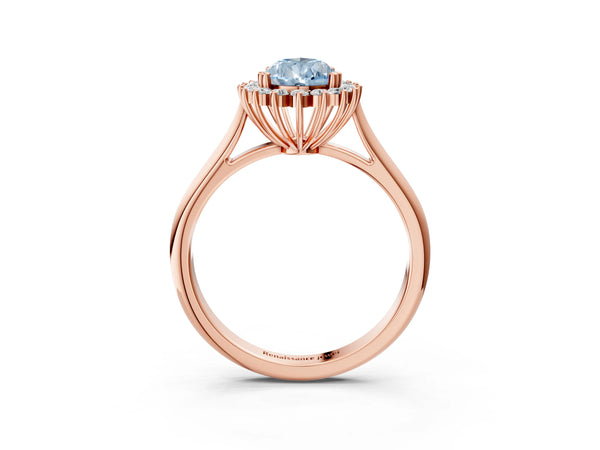 Rose gold Fancy Blue Pear  Cut Diamond Halo Ring with Solitaire Band and Prong Setting