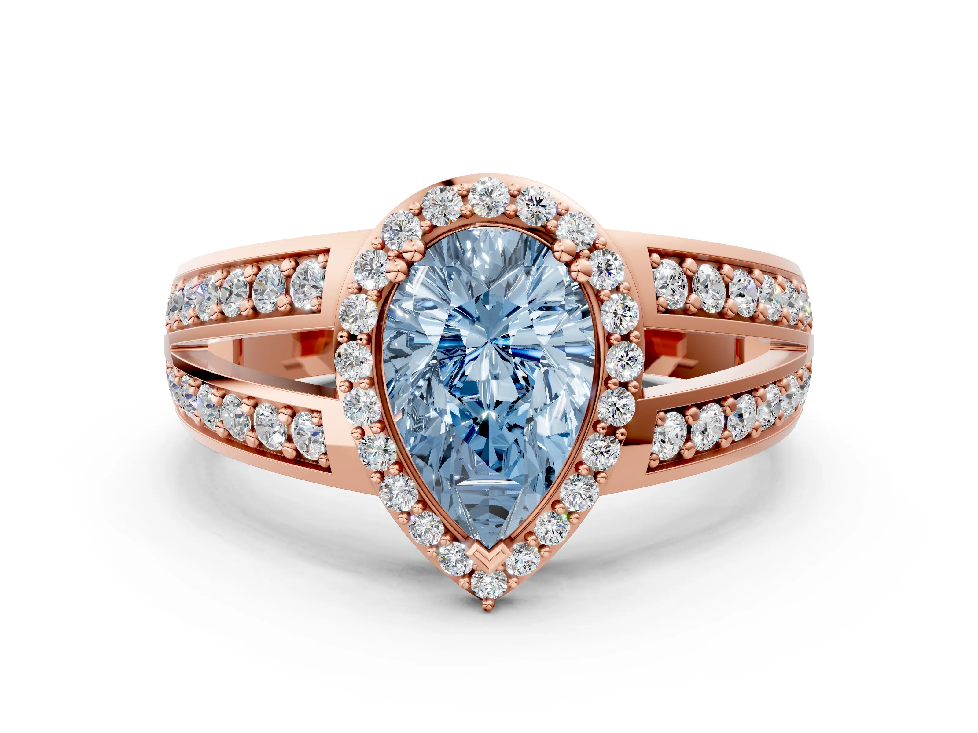 Rose gold Fancy Blue Pear Cut Diamond Halo Ring with Split Shank Pavé Band and Four-Prong Setting