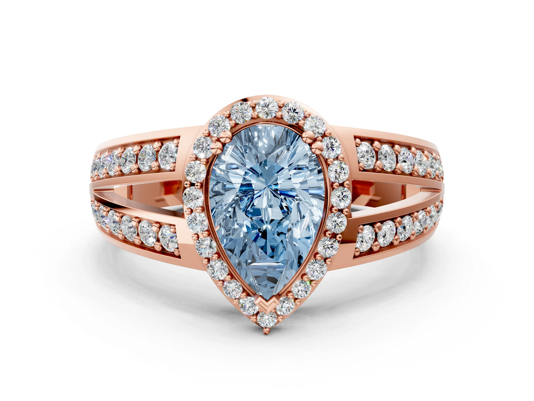 Rose gold Fancy Blue Pear Cut Diamond Halo Ring with Split Shank Pavé Band and Four-Prong Setting