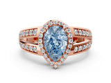 Rose gold Fancy Blue Pear Cut Diamond Halo Ring with Split Shank Pavé Band and Four-Prong Setting