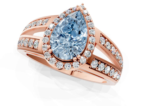 Rose gold Fancy Blue Pear Cut Diamond Halo Ring with Split Shank Pavé Band and Four-Prong Setting_1
