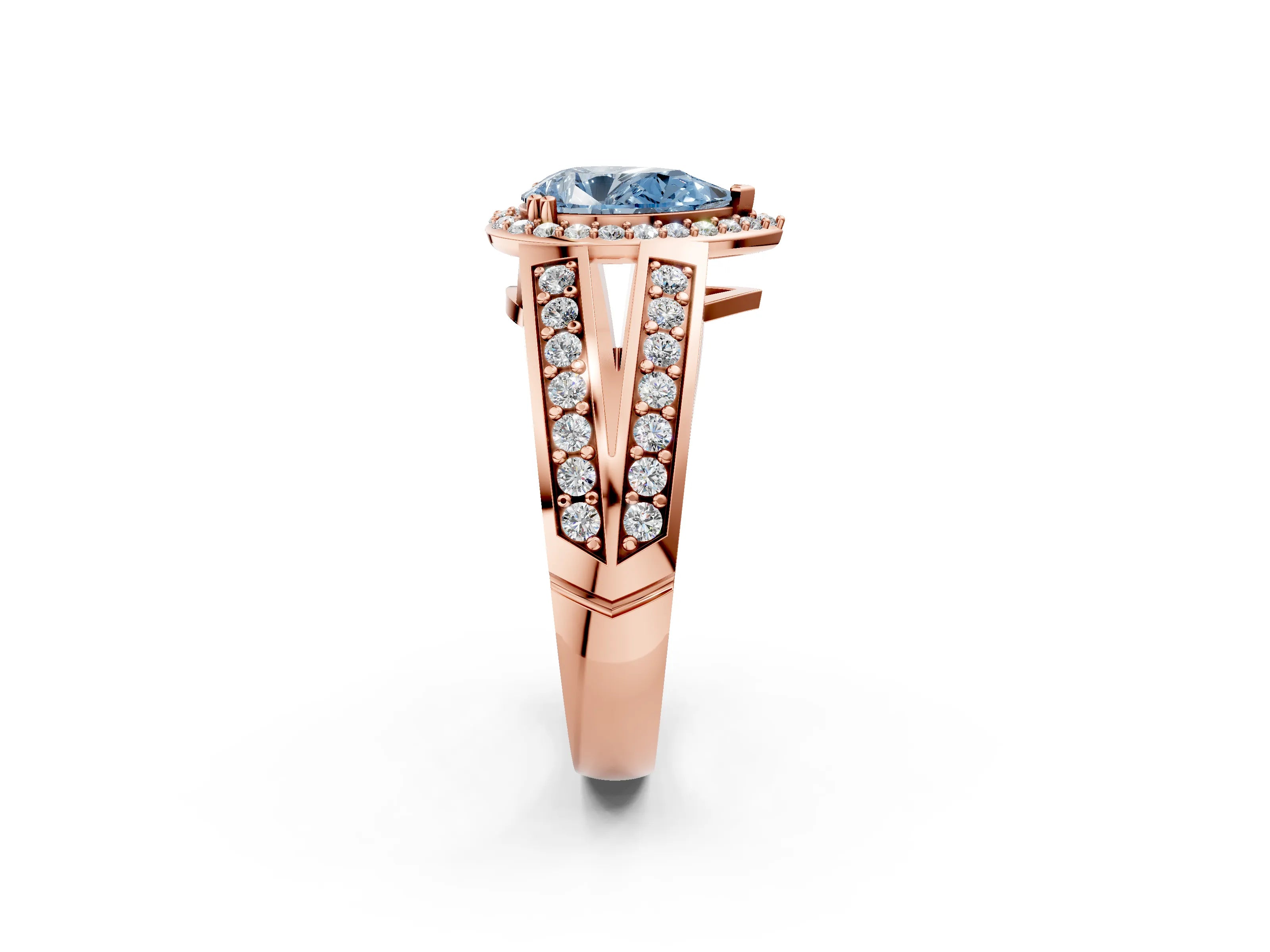 Rose gold Fancy Blue Pear Cut Diamond Halo Ring with Split Shank Pavé Band and Four-Prong Setting_2