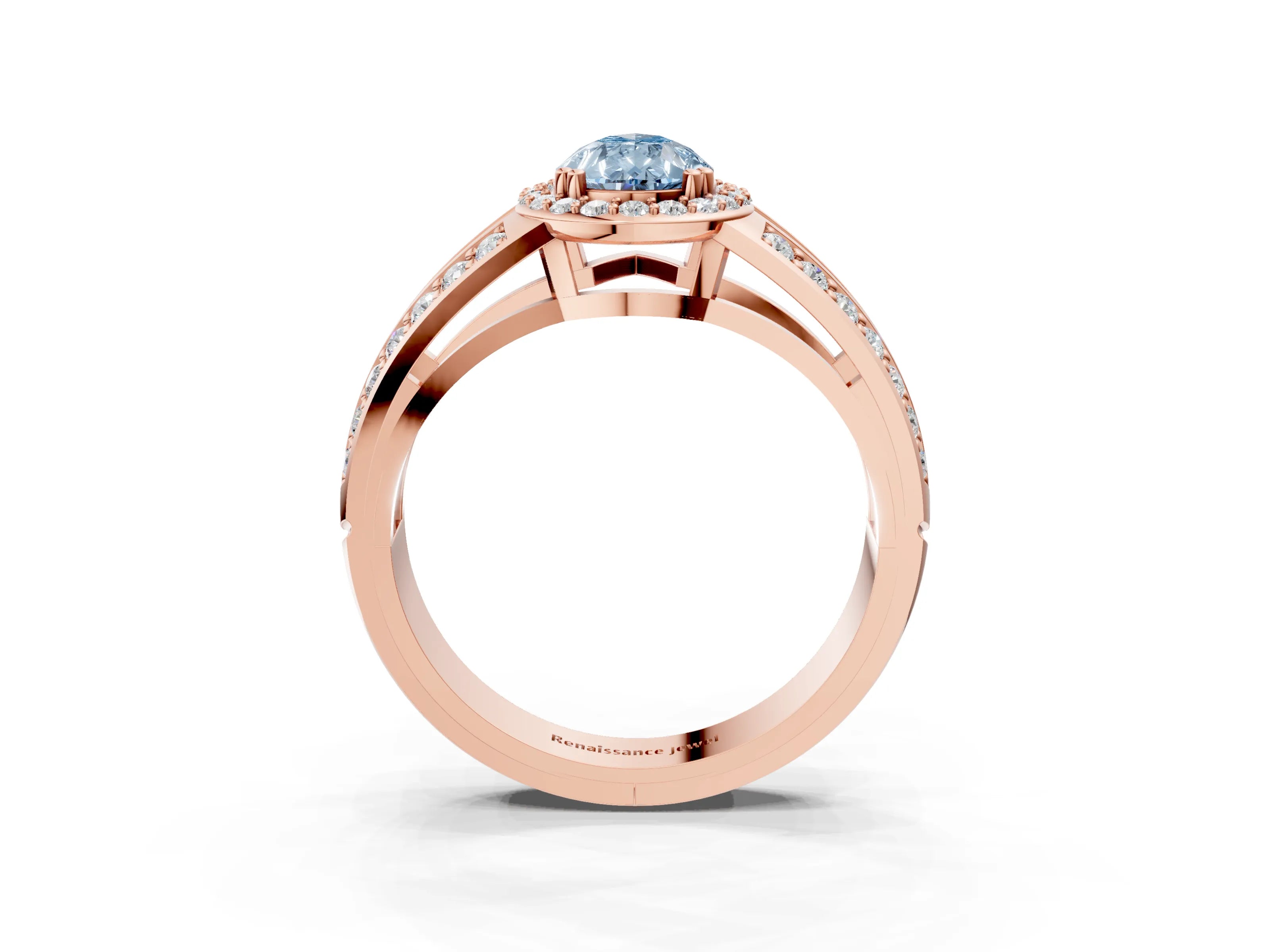 Rose gold Fancy Blue Pear Cut Diamond Halo Ring with Split Shank Pavé Band and Four-Prong Setting_3