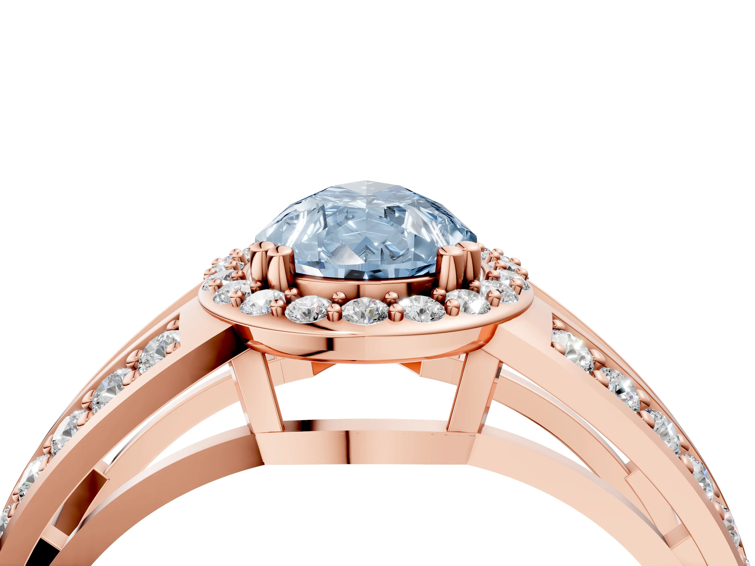 Rose gold Fancy Blue Pear Cut Diamond Halo Ring with Split Shank Pavé Band and Four-Prong Setting_4