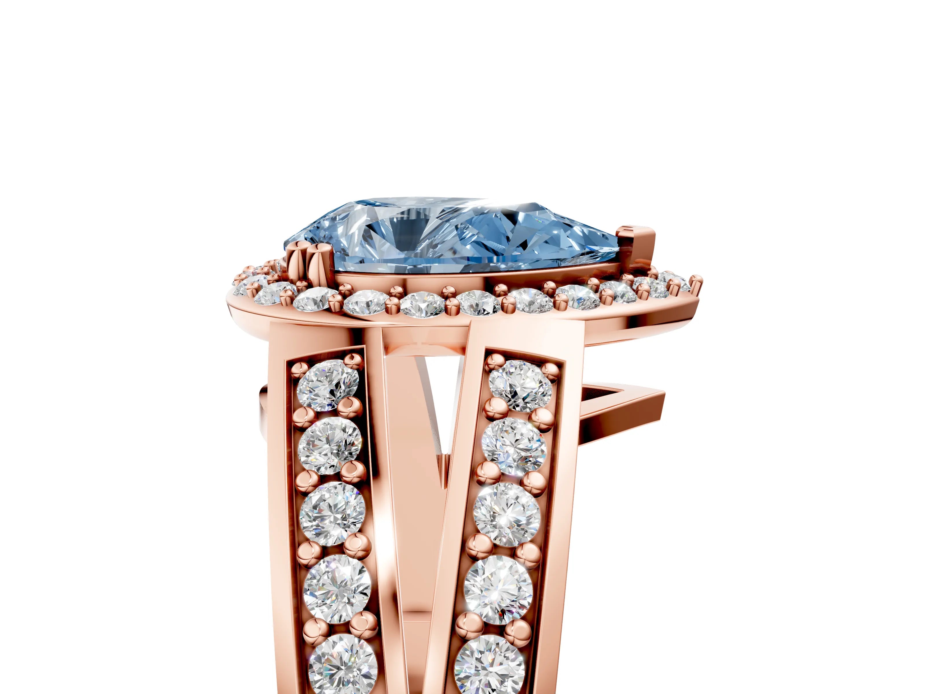 Rose gold Fancy Blue Pear Cut Diamond Halo Ring with Split Shank Pavé Band and Four-Prong Setting_5