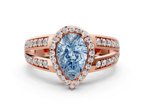Rose gold Fancy Blue Pear Cut Diamond Halo Ring with Split Shank Pavé Band and Four-Prong Setting