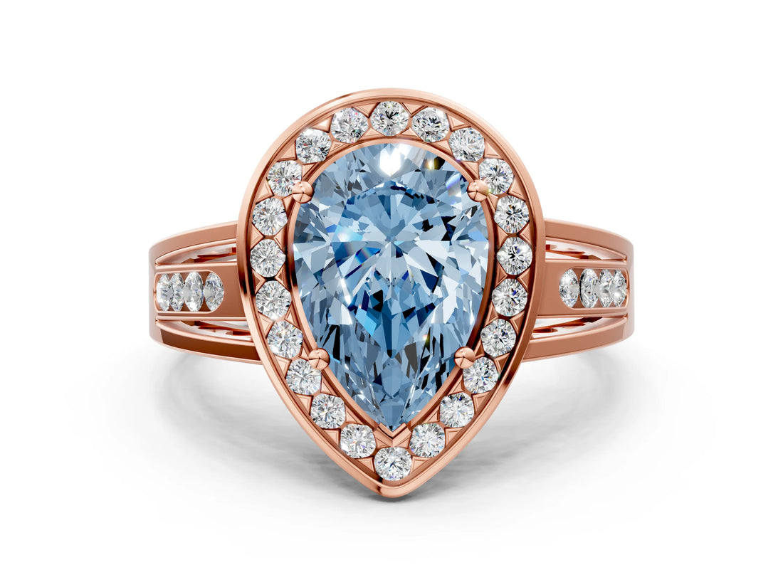 Rose gold Fancy Blue Pear Cut Diamond Halo Ring with Split Shank and Bezel Accents and Prong Setting