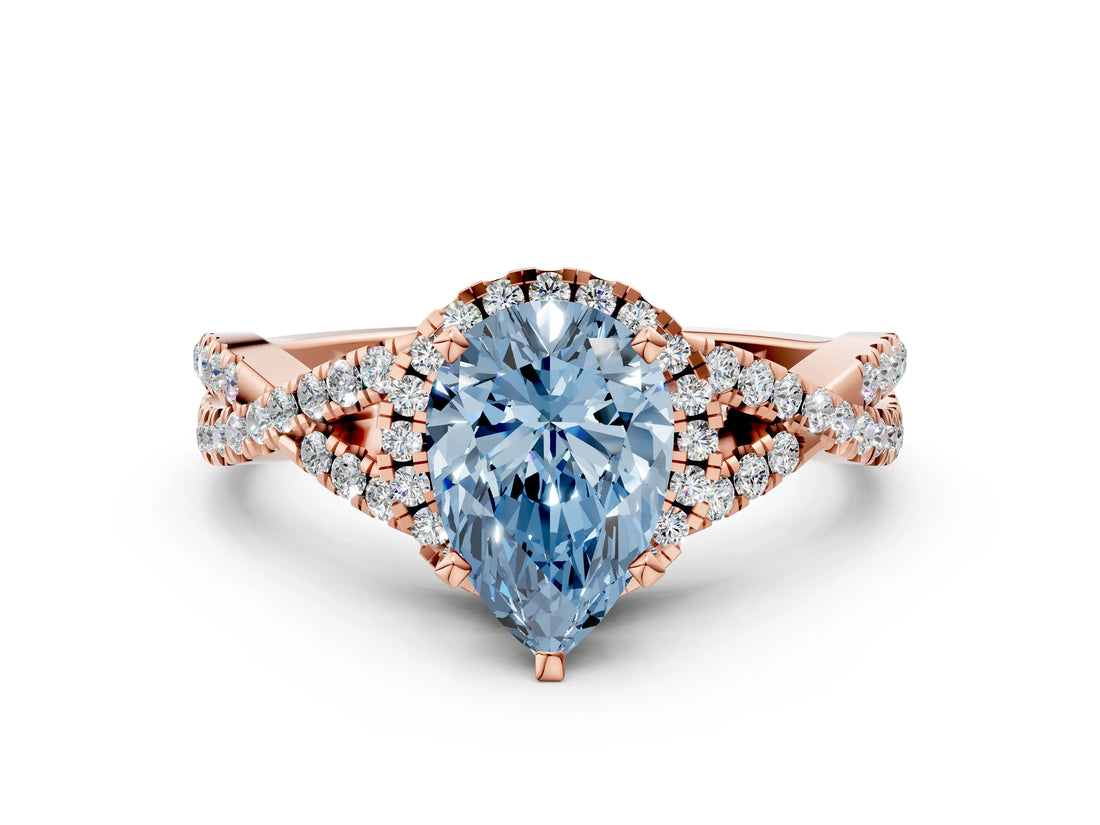 Rose gold Fancy Blue Pear Cut Diamond  Halo Twist Band Solitaire Prong Setting Ring_42
