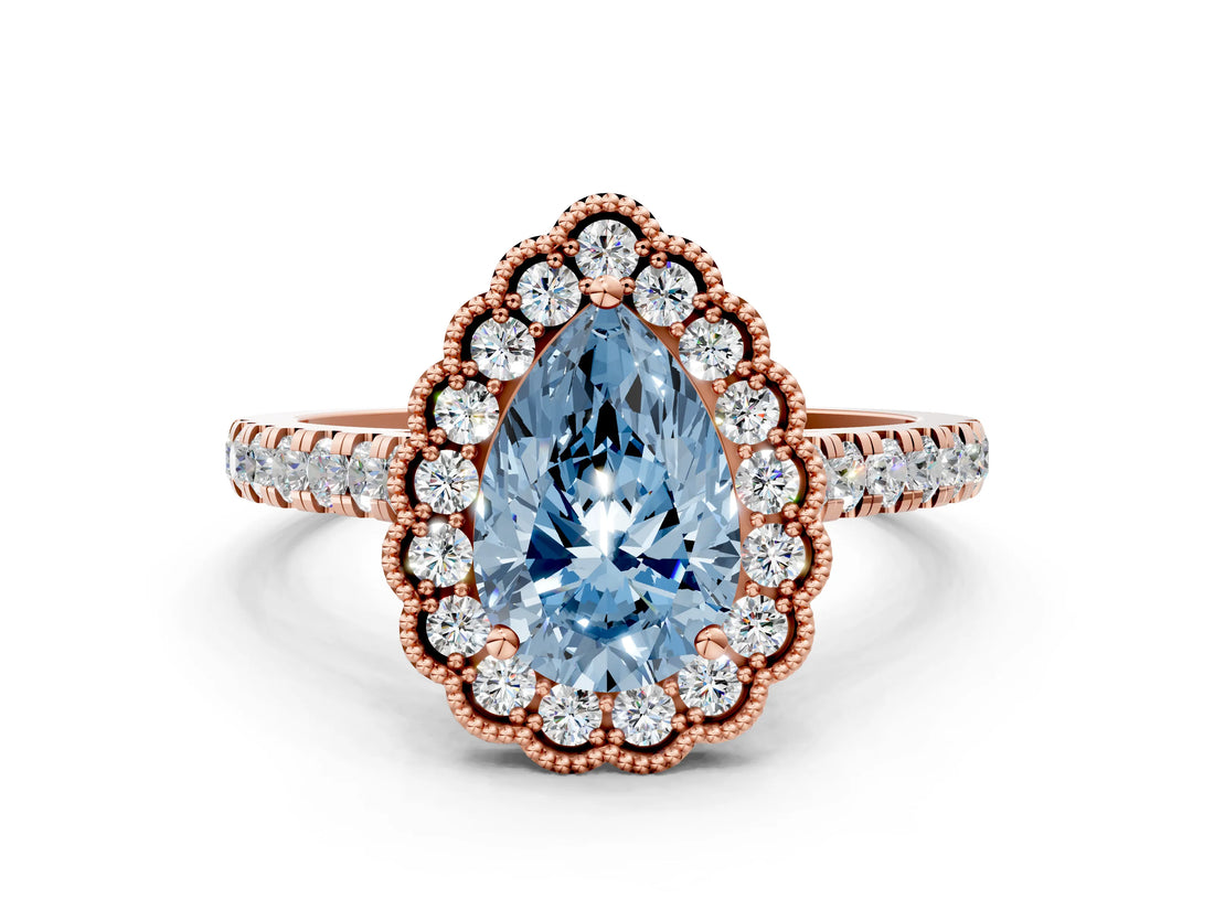 Rose gold Fancy Blue Pear  Cut Diamond Milgrain Floral Halo Engagement Ring with Pavé Band_38